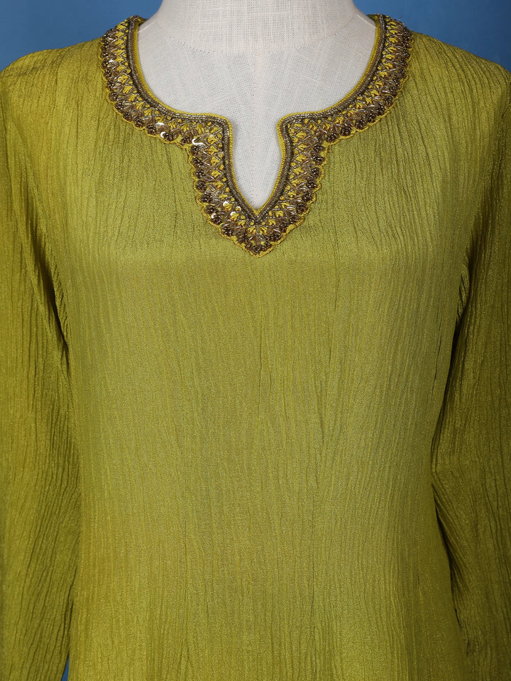 Parrot Green Solid Zardosi Worked Semi Silk Salwar Suit - Diadem