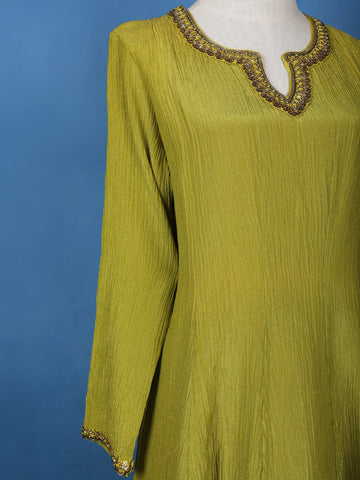 Parrot Green Solid Zardosi Worked Semi Silk Salwar Suit - Diadem