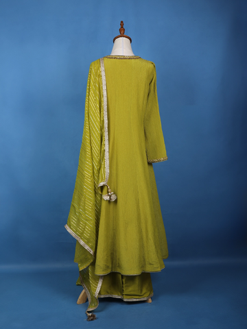 Parrot Green Solid Zardosi Worked Semi Silk Salwar Suit - Diadem