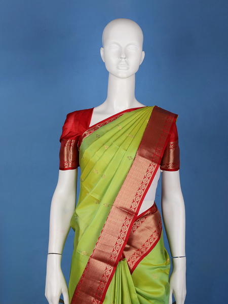 Parrot Green Woven Zari Border Silk Saree - Diadem