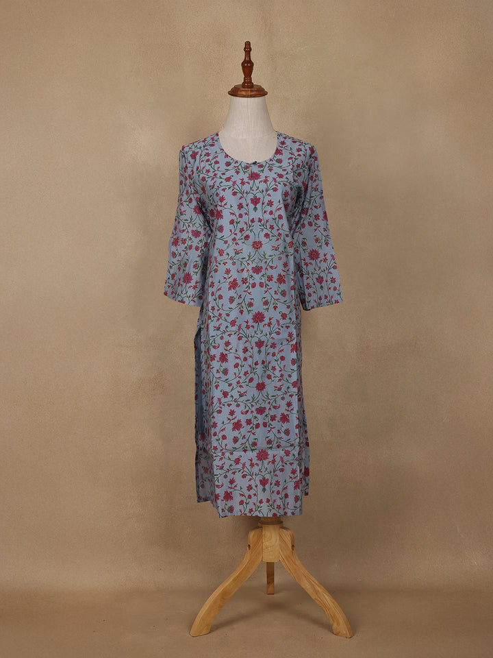 Pastel Blue Floral Design Cotton Kurti - Diadem