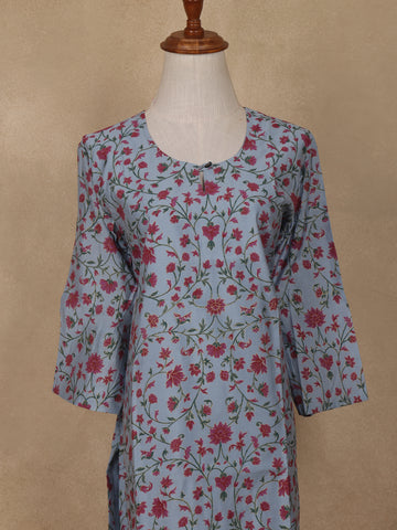 Pastel Blue Floral Design Cotton Kurti - Diadem