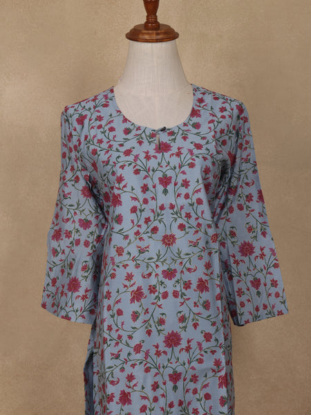 Pastel Blue Floral Design Cotton Kurti - Diadem