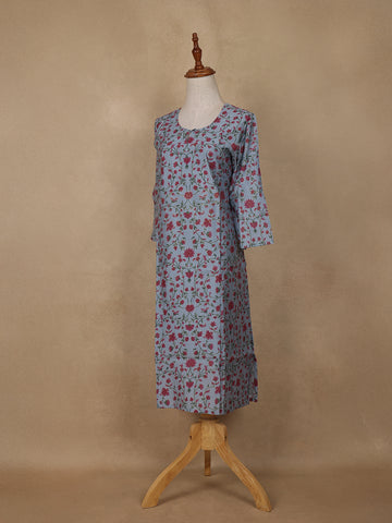 Pastel Blue Floral Design Cotton Kurti - Diadem