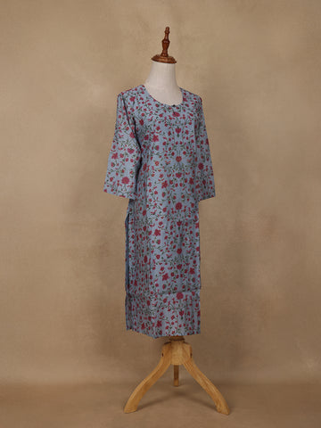 Pastel Blue Floral Design Cotton Kurti - Diadem