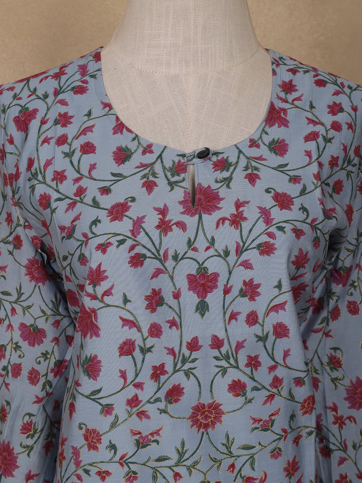 Pastel Blue Floral Design Cotton Kurti - Diadem