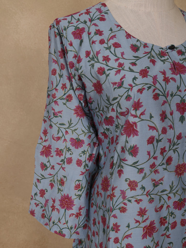Pastel Blue Floral Design Cotton Kurti - Diadem