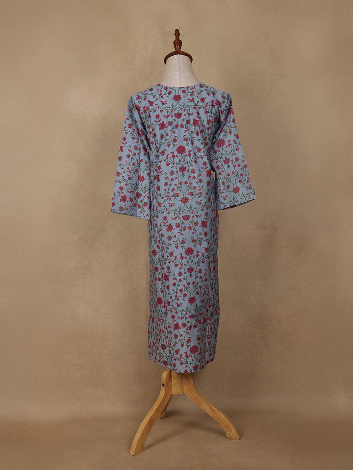 Pastel Blue Floral Design Cotton Kurti - Diadem
