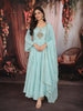Pastel Blue Peacock Motif Sequins Embroidered Design Pure Cotton Anarkali Salwar Suit with Matching Dupatta