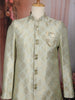 Pastel Green Brocade Design Polyester Sherwani Set with Pocket Brooch