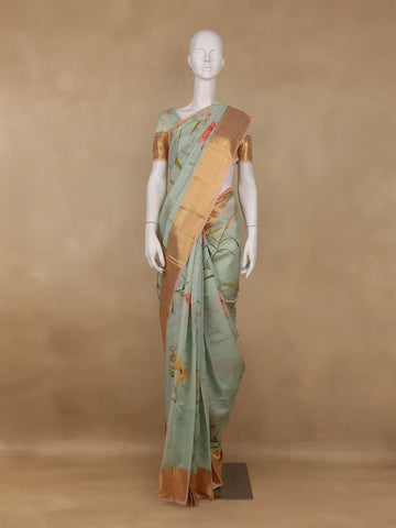 Pastel Green Digital Floral Printed Tussar Silk Saree - Diadem