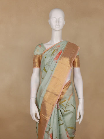Pastel Green Digital Floral Printed Tussar Silk Saree - Diadem