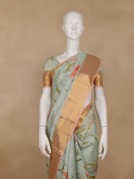 Pastel Green Digital Floral Printed Tussar Silk Saree - Diadem