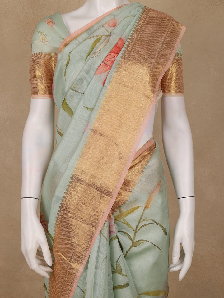 Pastel Green Digital Floral Printed Tussar Silk Saree - Diadem