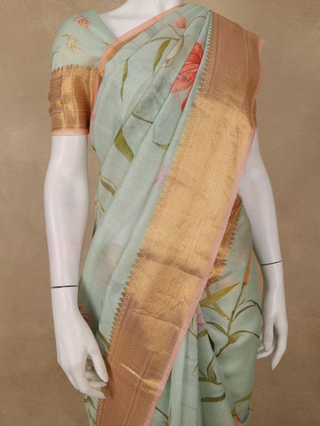 Pastel Green Digital Floral Printed Tussar Silk Saree - Diadem