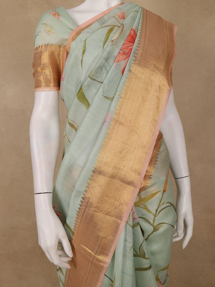 Pastel Green Digital Floral Printed Tussar Silk Saree - Diadem