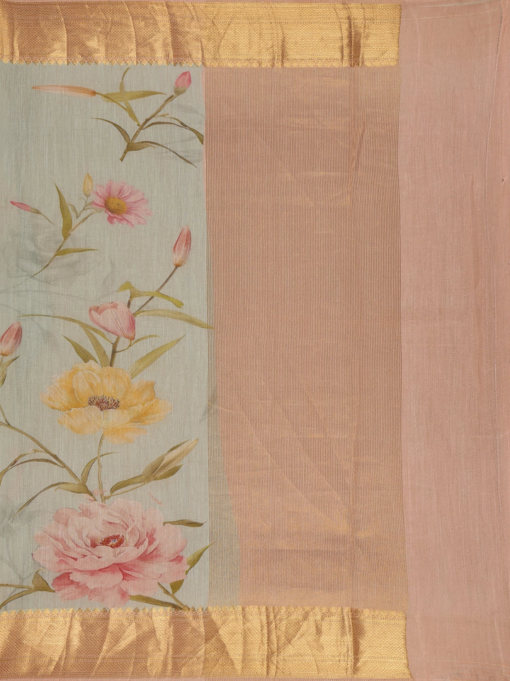 Pastel Green Digital Floral Printed Tussar Silk Saree - Diadem