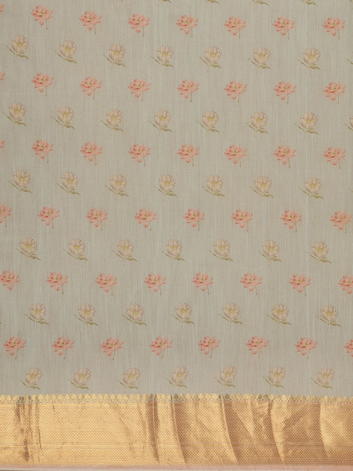 Pastel Green Digital Floral Printed Tussar Silk Saree - Diadem