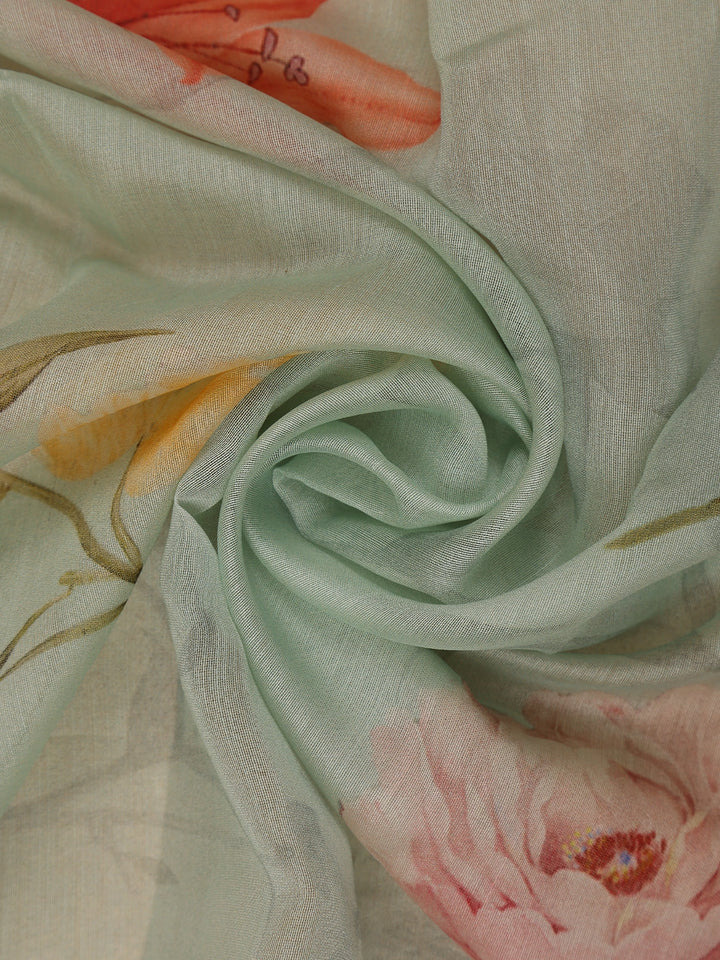 Pastel Green Digital Floral Printed Tussar Silk Saree - Diadem
