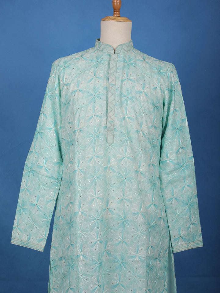 Pastel Green Floral Embroidered Cotton Kurta for Men - Diadem