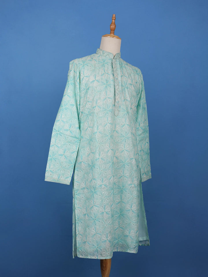 Pastel Green Floral Embroidered Cotton Kurta for Men - Diadem