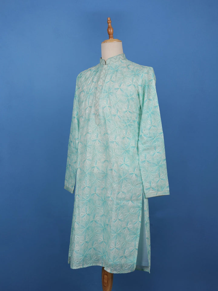 Pastel Green Floral Embroidered Cotton Kurta for Men - Diadem