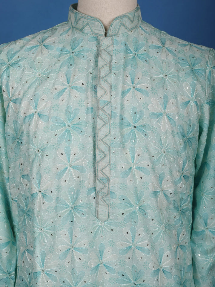 Pastel Green Floral Embroidered Cotton Kurta for Men - Diadem