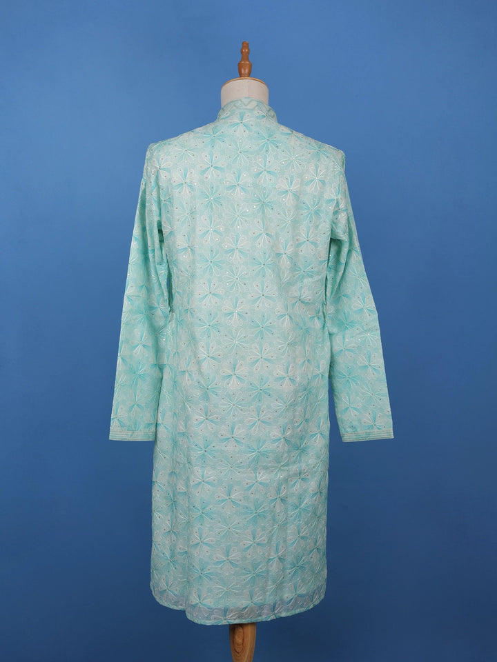 Pastel Green Floral Embroidered Cotton Kurta for Men - Diadem