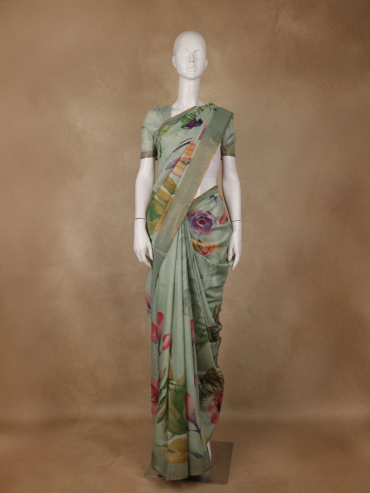 Pastel Green Floral Printed Tussar Silk Saree - Diadem
