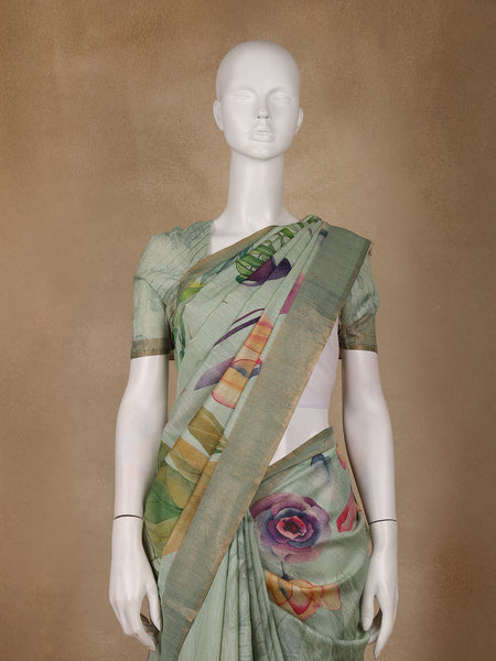 Pastel Green Floral Printed Tussar Silk Saree - Diadem