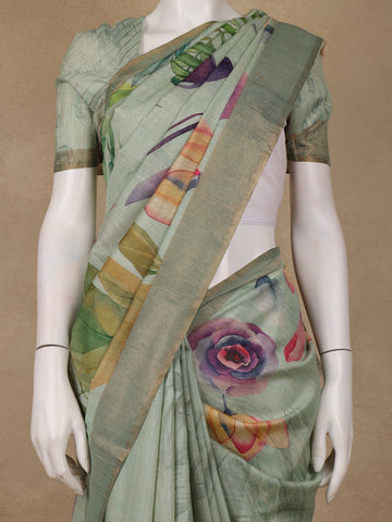 Pastel Green Floral Printed Tussar Silk Saree - Diadem