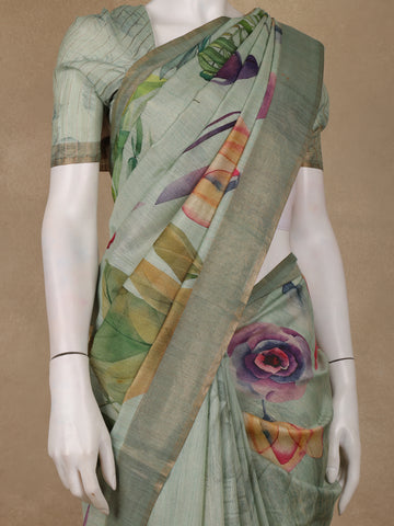 Pastel Green Floral Printed Tussar Silk Saree - Diadem