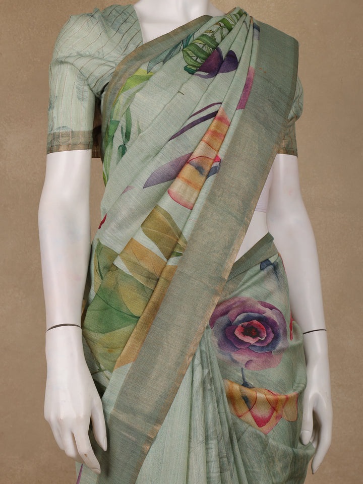 Pastel Green Floral Printed Tussar Silk Saree - Diadem