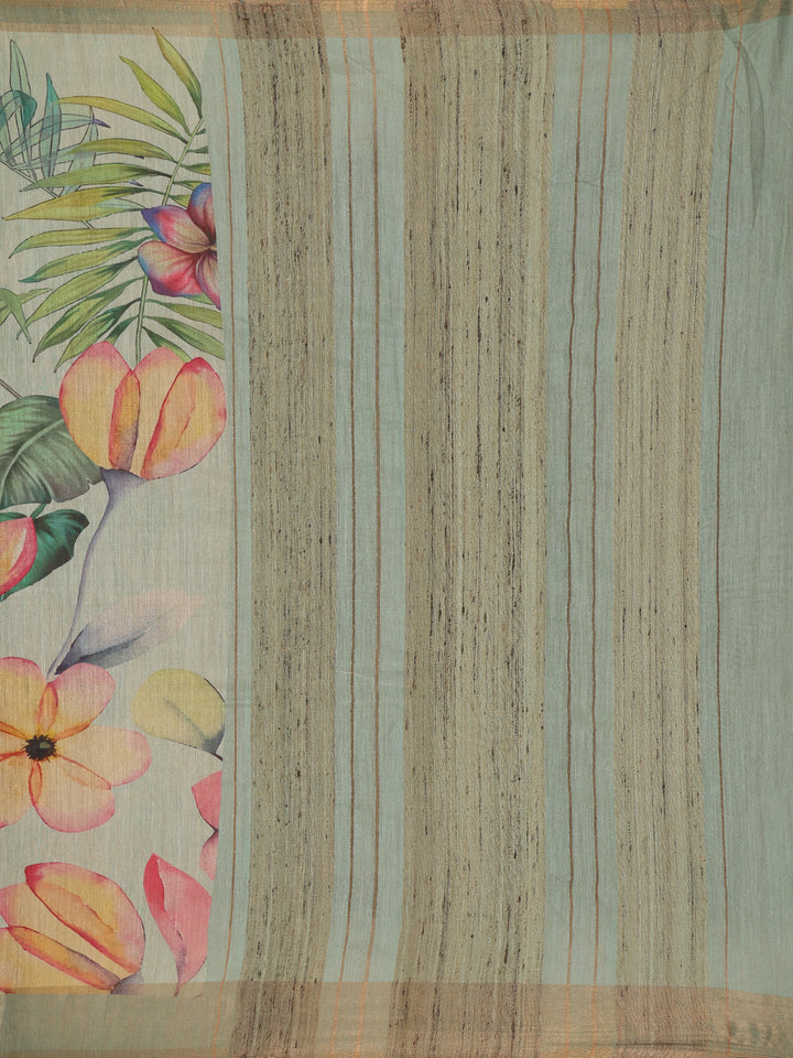 Pastel Green Floral Printed Tussar Silk Saree - Diadem