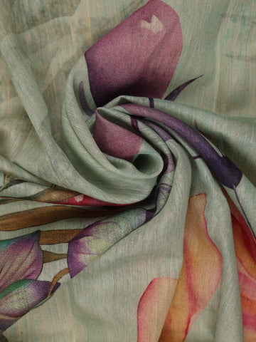 Pastel Green Floral Printed Tussar Silk Saree - Diadem