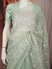 Pastel Green Floral Vine Thread Embroidered Design Pure Organza Party Wear Saree with Scalloped Border