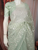Pastel Green Floral Vine Thread Embroidered Design Pure Organza Party Wear Saree with Scalloped Border