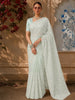 Pastel Green Floral Vine Thread Embroidered Design Pure Organza Party Wear Saree with Scalloped Border