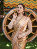 Pastel Green with Rose Gold Floral and Jacquard Style Zari Woven Design Pure Kanchipuram Silk Saree with Rain Drop Zari Border
