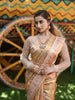 Pastel Green with Rose Gold Floral and Jacquard Style Zari Woven Design Pure Kanchipuram Silk Saree with Rain Drop Zari Border