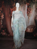 Pastel Ice Blue Floral Printed and Sequins Embroidered Design Pure Organza Saree with Scalloped Border
