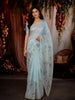 Pastel Ice Blue Floral Printed and Sequins Embroidered Design Pure Organza Saree with Scalloped Border
