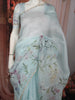 Pastel Ice Blue Floral Printed and Sequins Embroidered Design Pure Organza Saree with Scalloped Border
