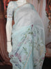 Pastel Ice Blue Floral Printed and Sequins Embroidered Design Pure Organza Saree with Scalloped Border