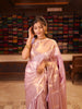 Pastel Lavender Checked and Peacock Zari Woven Design Semi Silk Festive Wear Saree with Matching Floral Zari Border