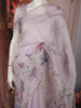 Pastel Lavender Floral Printed and Sequins Embroidered Design Pure Organza Saree with Scalloped Border