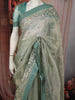 Pastel Mint Green Butta Sequins Zari Embroidered Design Pure Tissue Silk Party Wear Saree with Designer Border