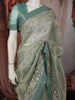 Pastel Mint Green Butta Sequins Zari Embroidered Design Pure Tissue Silk Party Wear Saree with Designer Border