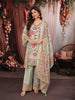 Pastel Mint Green Floral Printed and Sequins Embroidered Design Textured Fabric Party Wear Palazzo Suit with Matching Dupatta