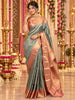Pastel Mint Green Floral Vine Zari Woven Design Pure Kanchipuram Silk Bridal Wear Saree with Contrast Zari Border